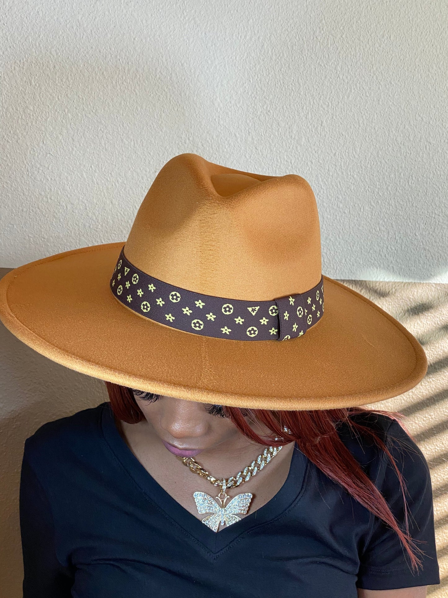 Luxe Band Wide Brim Fedora Camel Dk