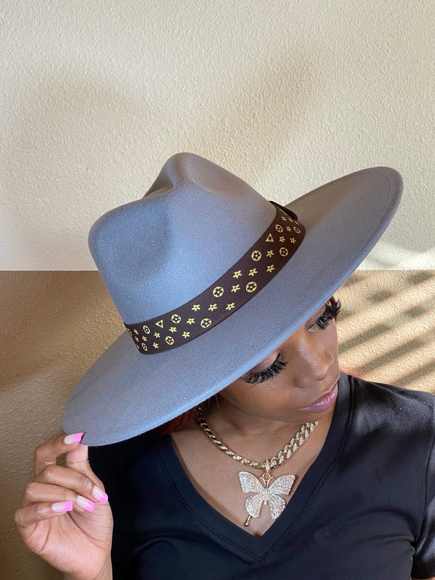 Luxe Band Wide Brim Fedora Grey