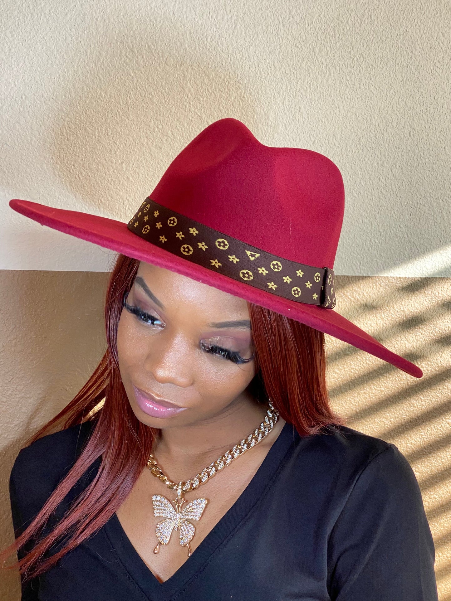Luxe Band Wide Brim Fedora Burgundy