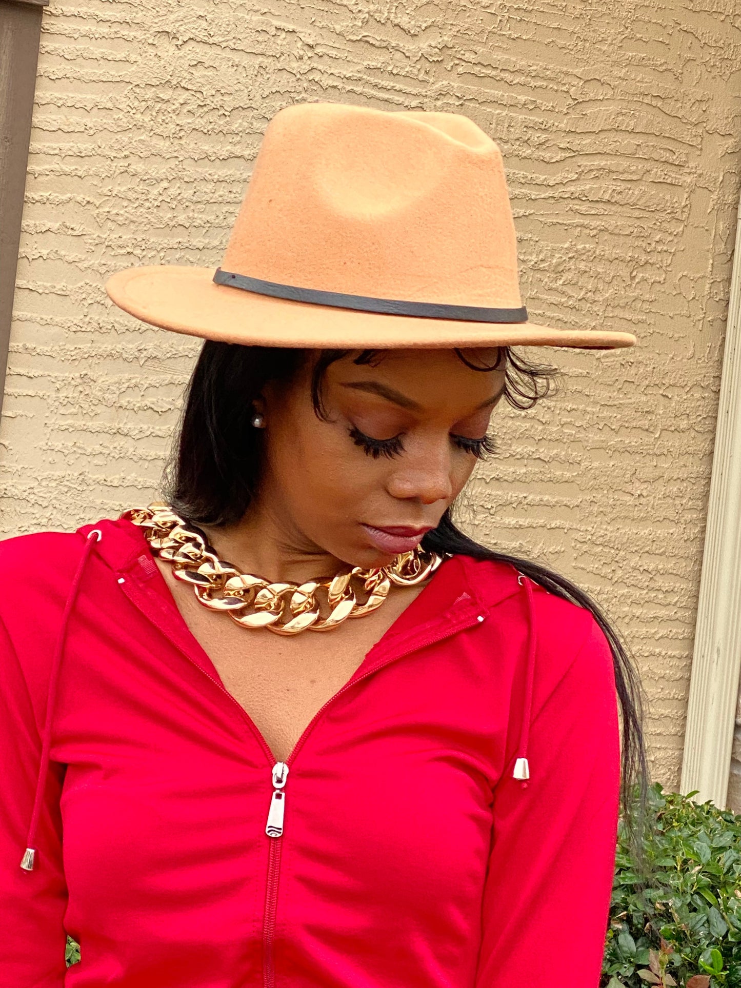 Light Tan With Red Fedora