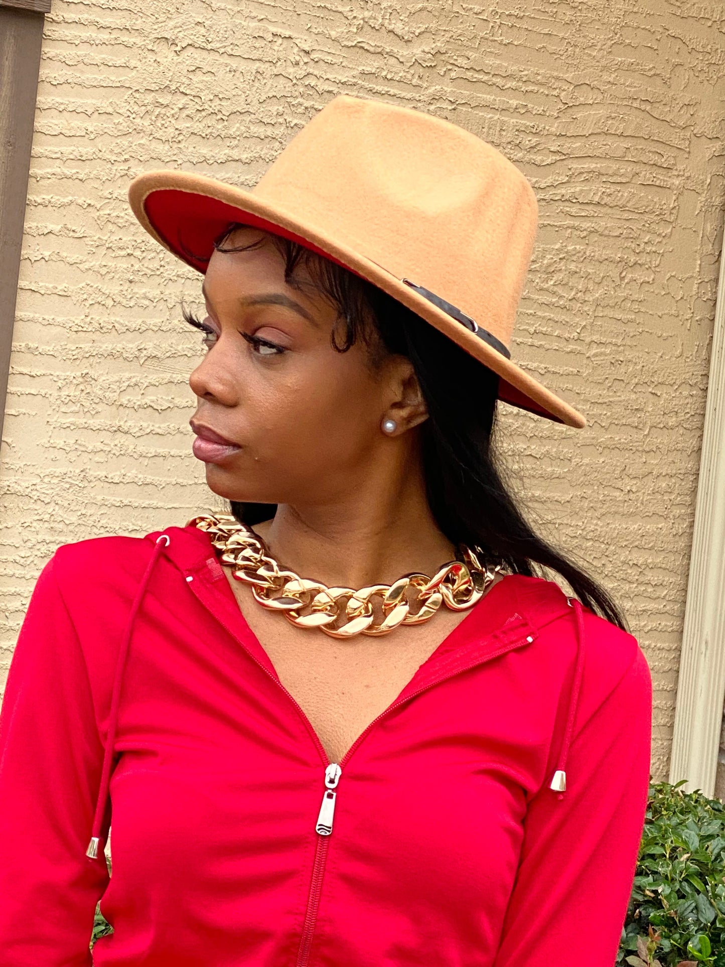 Light Tan With Red Fedora