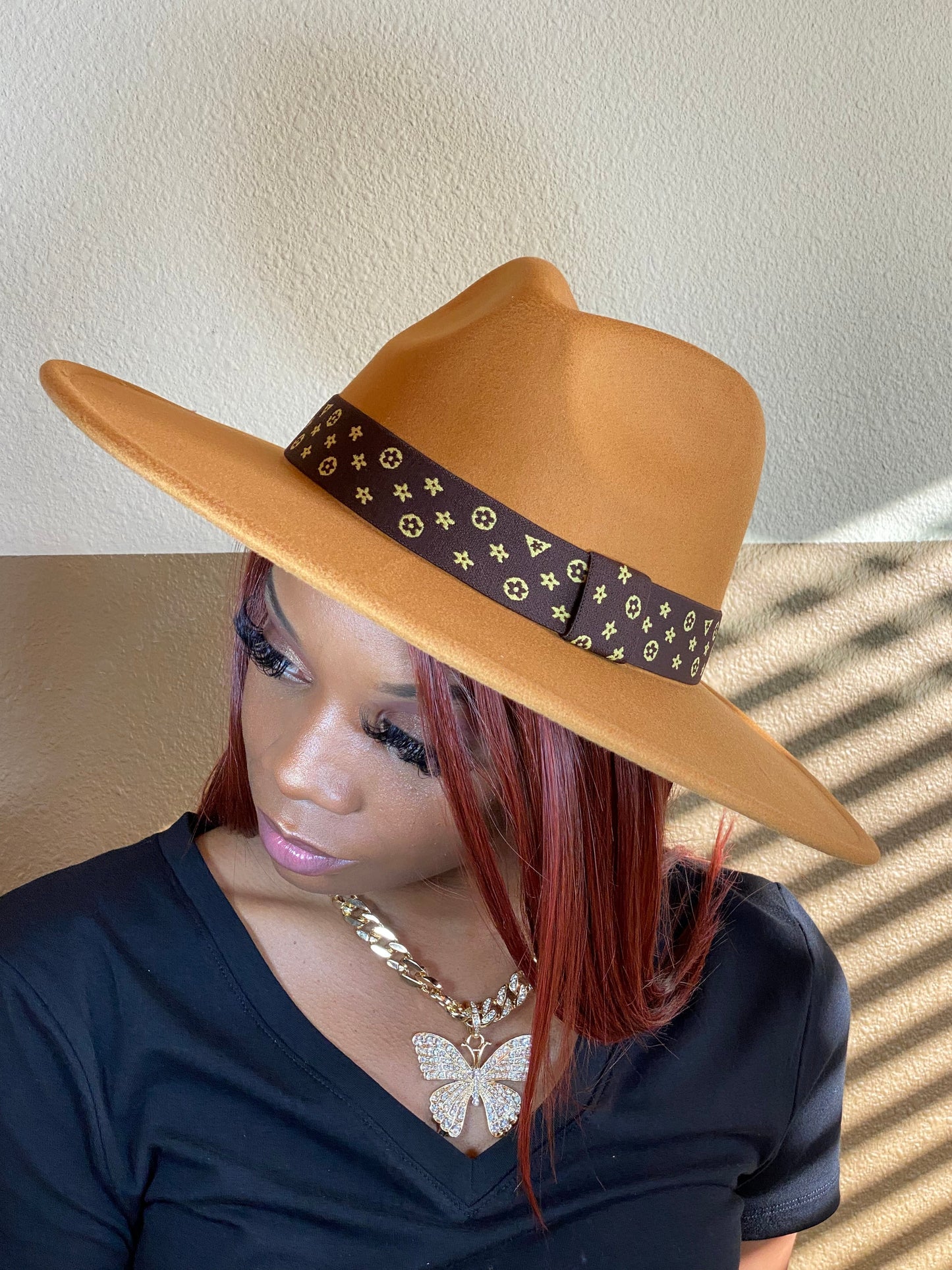 Luxe Band Wide Brim Fedora Camel Dk