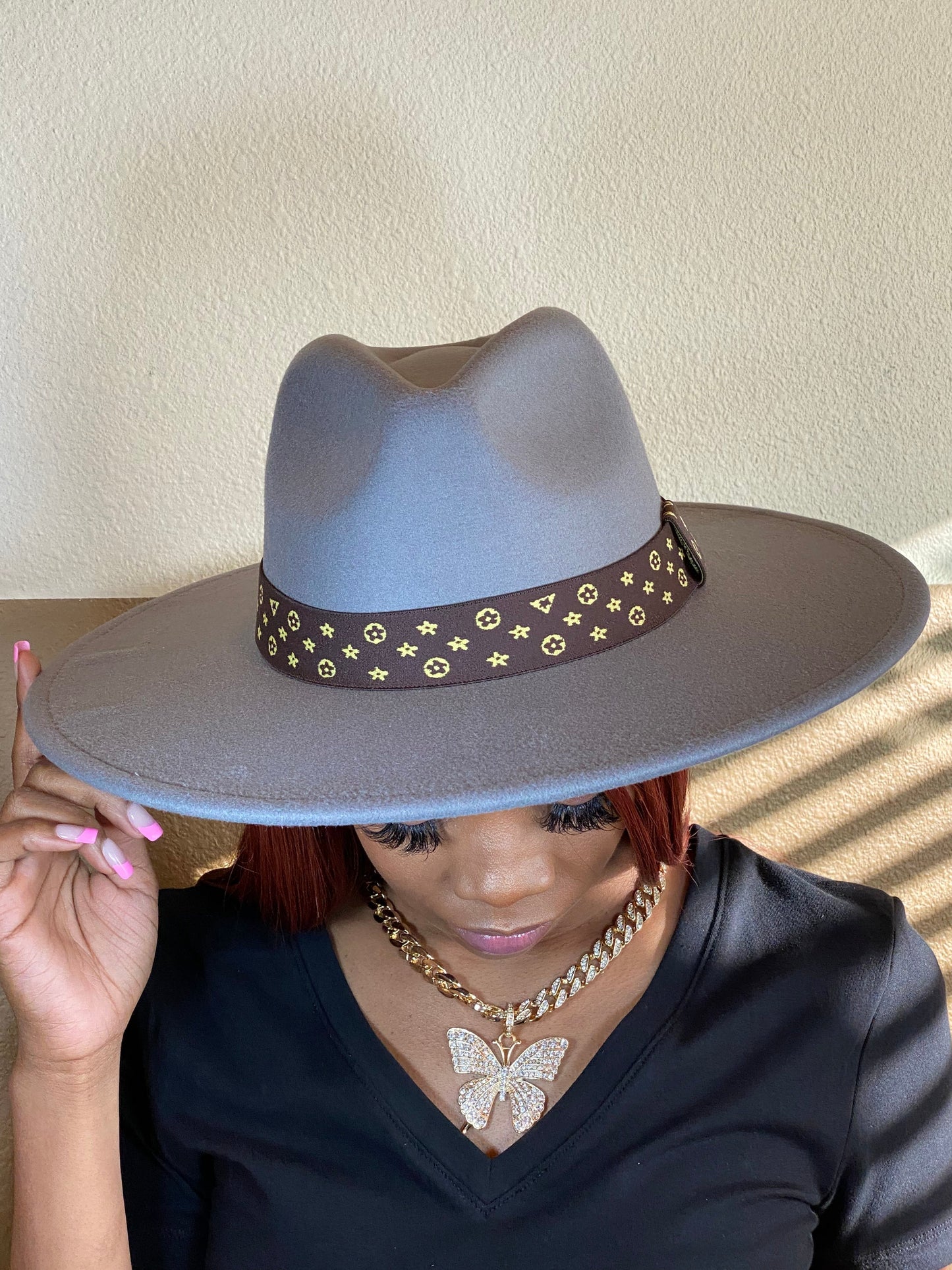 Luxe Band Wide Brim Fedora Grey