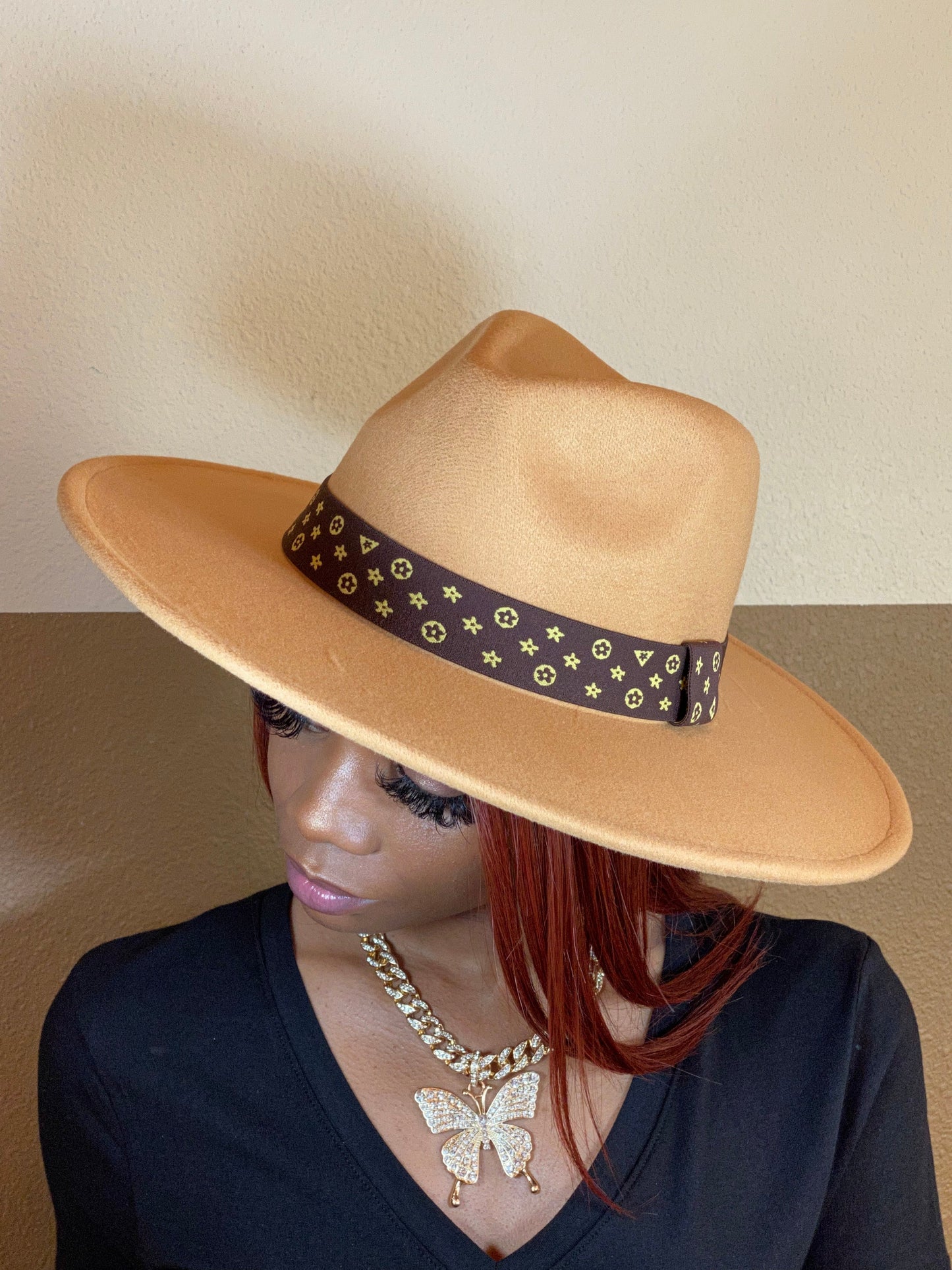 Luxe Band Wide Brim Fedora Camel