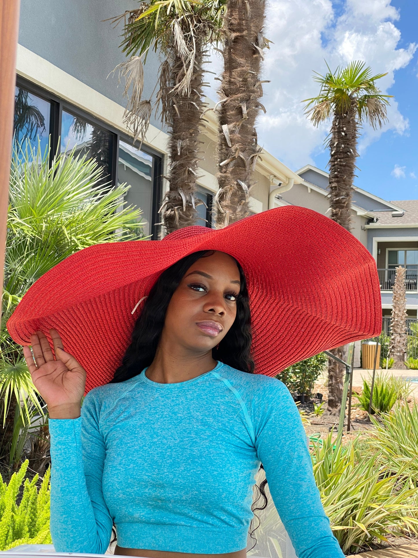 Big Oversized Straw Floppy Sun Hat Red