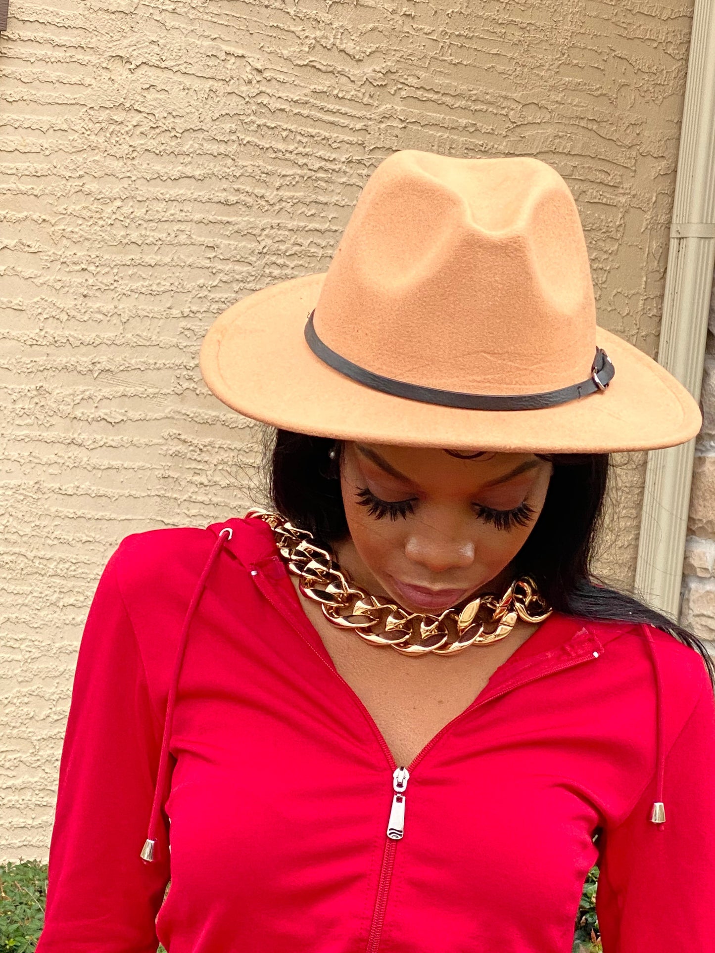 Light Tan With Red Fedora