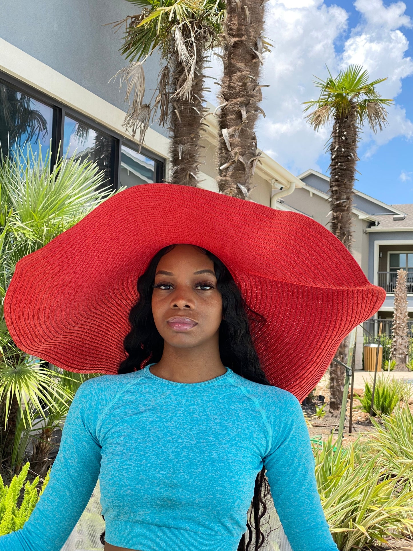 Big Oversized Straw Floppy Sun Hat Red