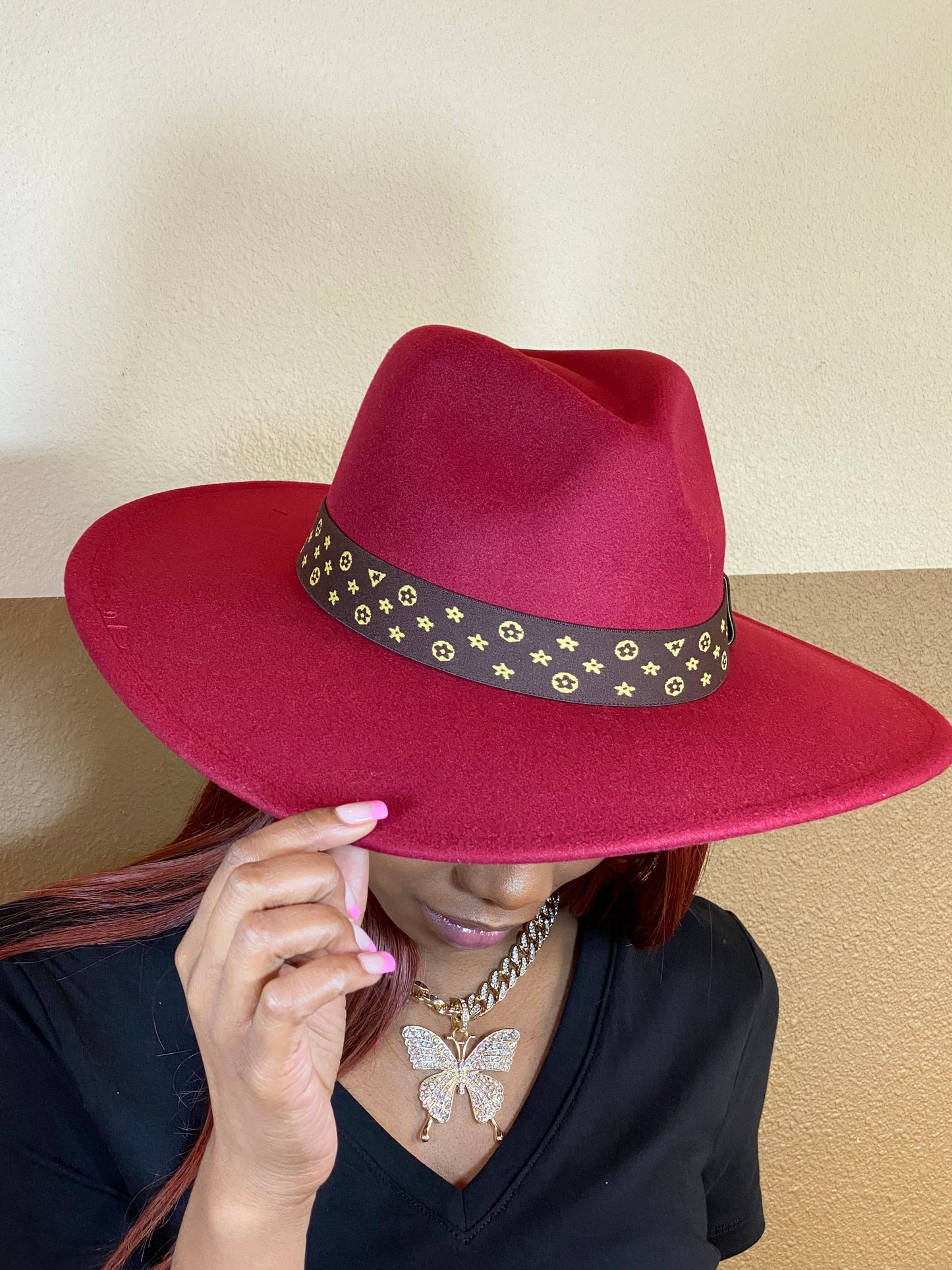 Luxe Band Wide Brim Fedora Burgundy