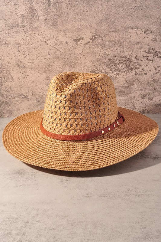 Straw Fedora With Belt Trim Camel