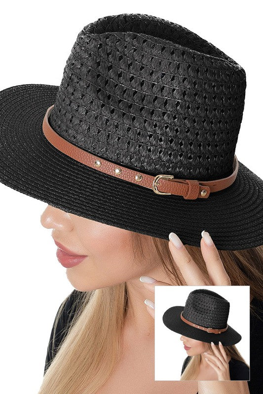 Straw Fedora With Belt Trim Black