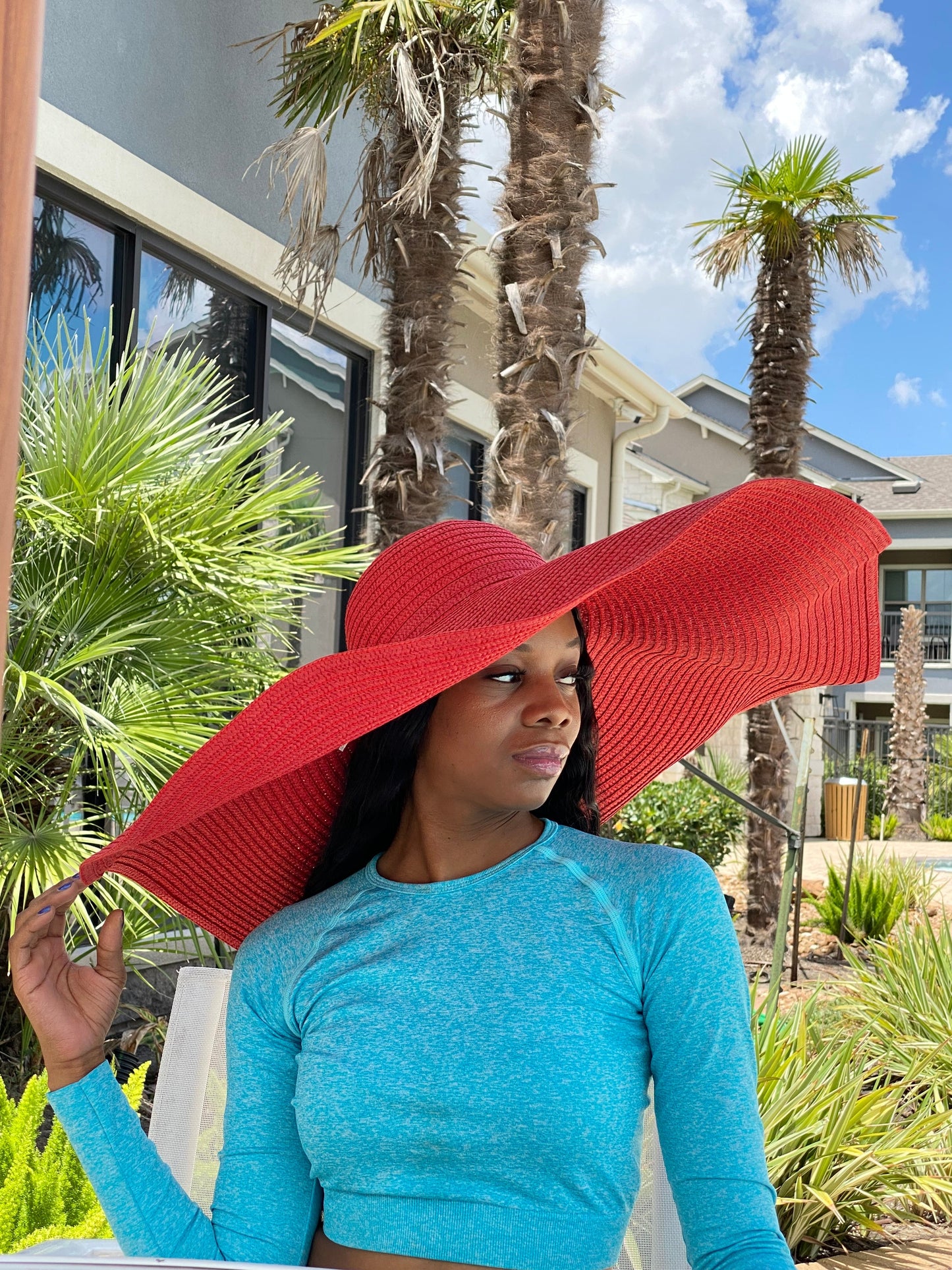 Big Oversized Straw Floppy Sun Hat Red