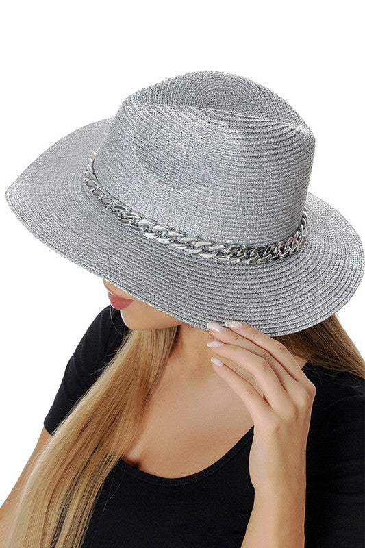 Metallic Chain Straw Fedora Silver