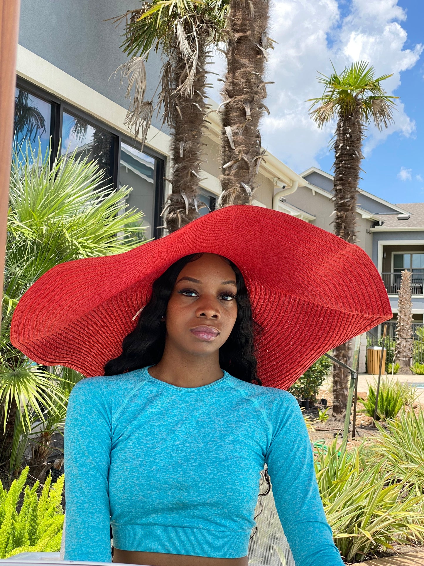 Big Oversized Straw Floppy Sun Hat Red