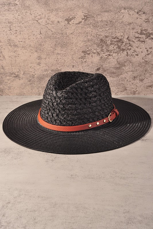 Straw Fedora With Belt Trim Black