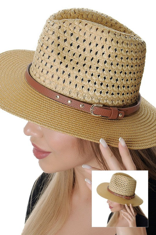 Straw Fedora With Belt Trim Camel