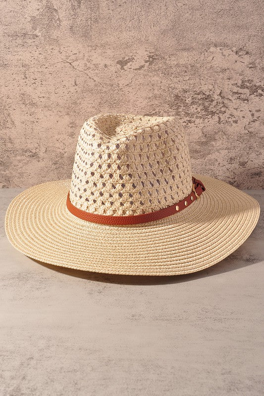 Straw Fedora With Belt Trim Beige