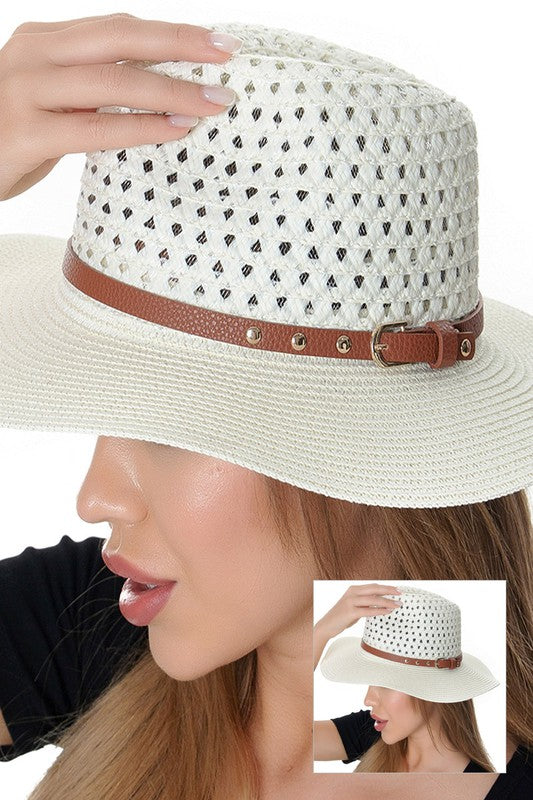 Straw Fedora With Belt Trim Ivory