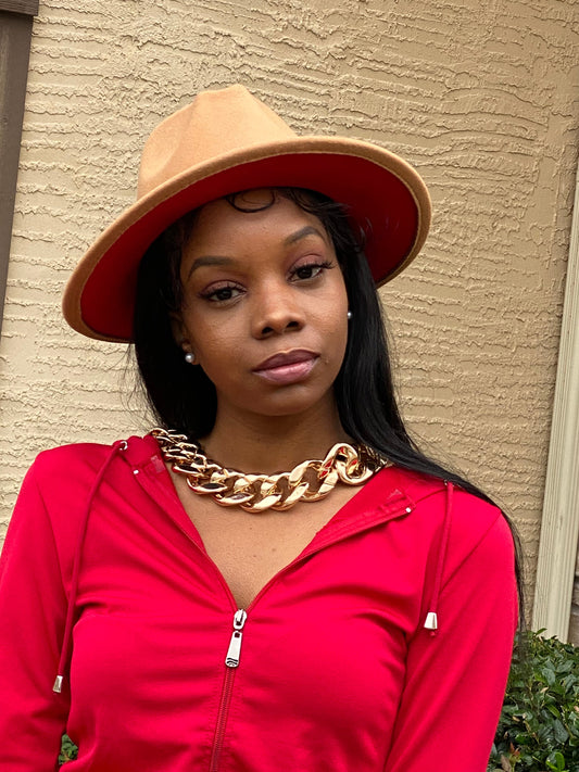 Light Tan With Red Fedora