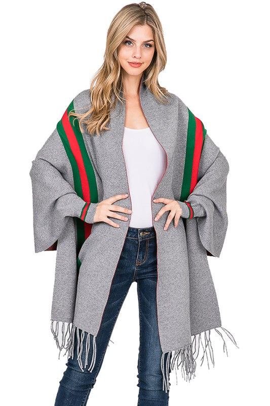 STRIPE SHAWL PONCHO Grey