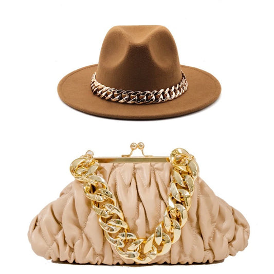 Fedora With Large Chain And Bag Set Khaki