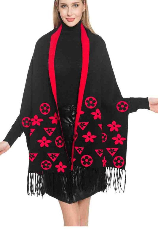 Gorge Cardigan Shawl Poncho Black Red