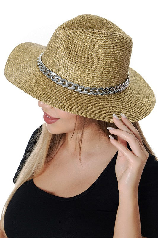 Metallic Chain Straw Fedora Gold