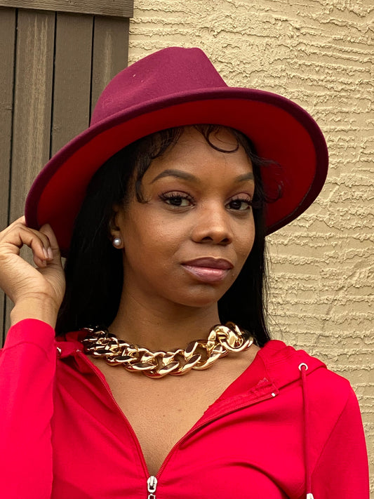 Burgundy With Red Fedora