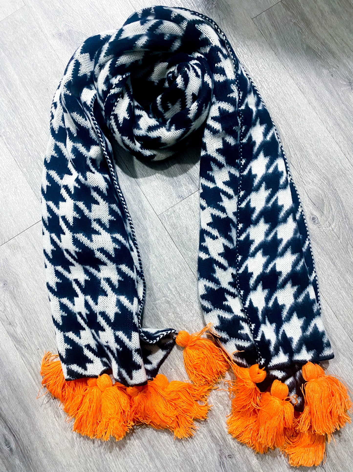 Houndstooth Orange Fringe Knit Scarf