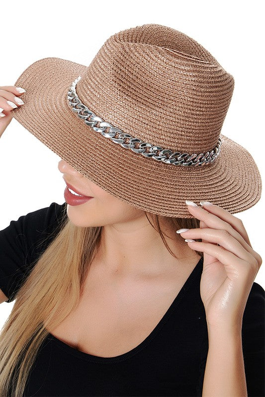 Metallic Chain Straw Fedora Rose Gold