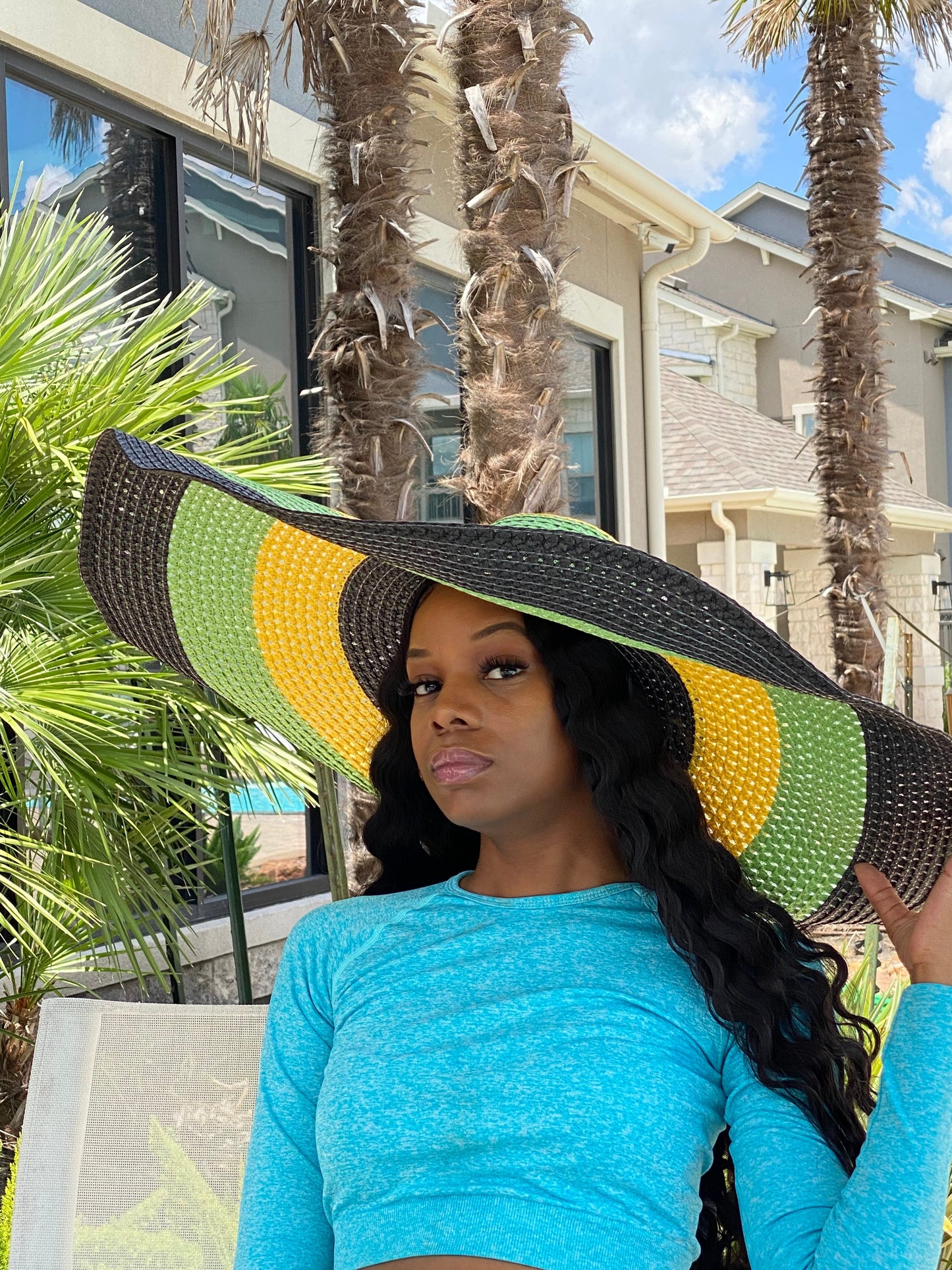 Big Oversized Straw Floppy Sun Hat Black Multi Basket