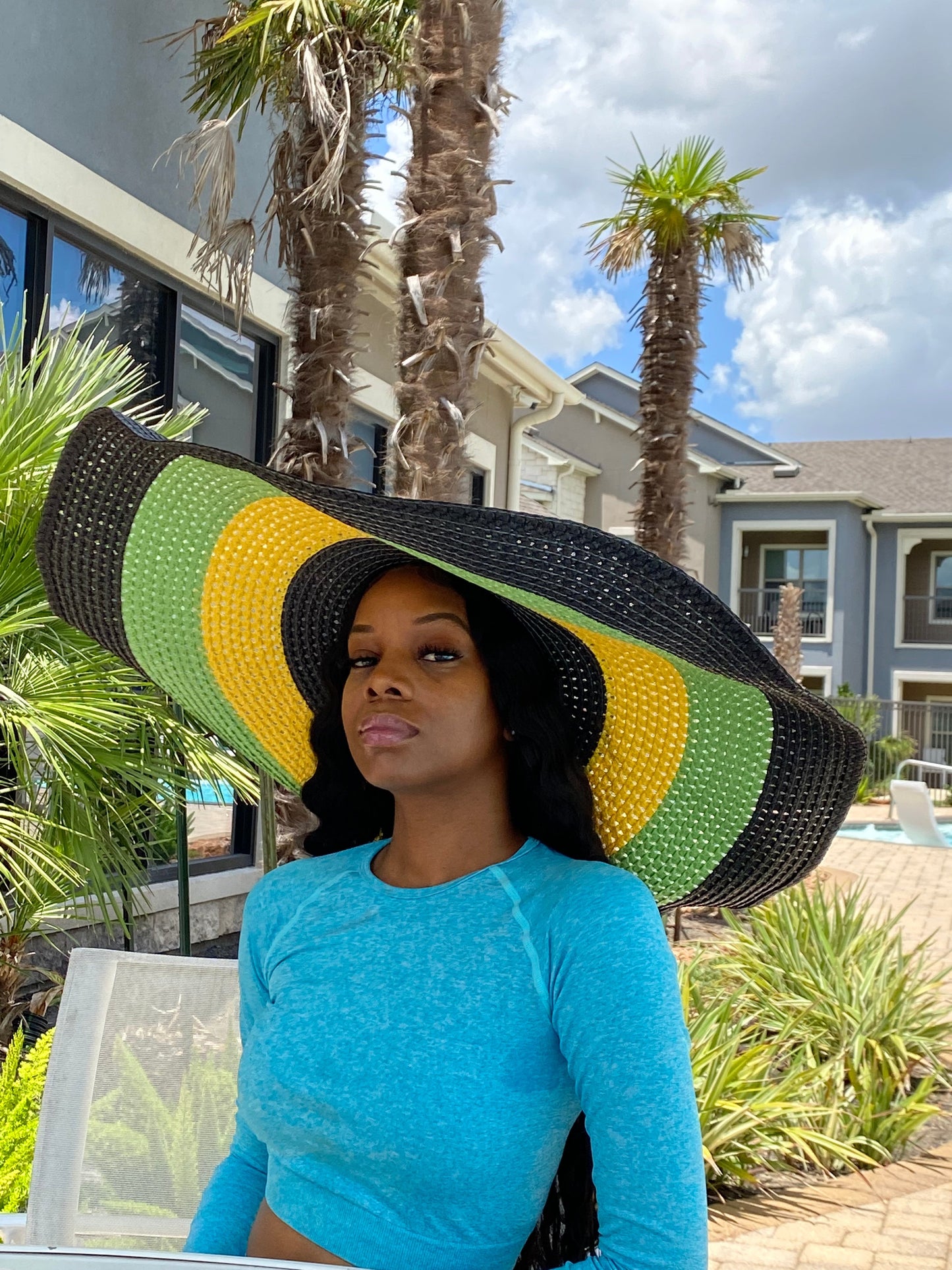 Big Oversized Straw Floppy Sun Hat Black Multi Basket