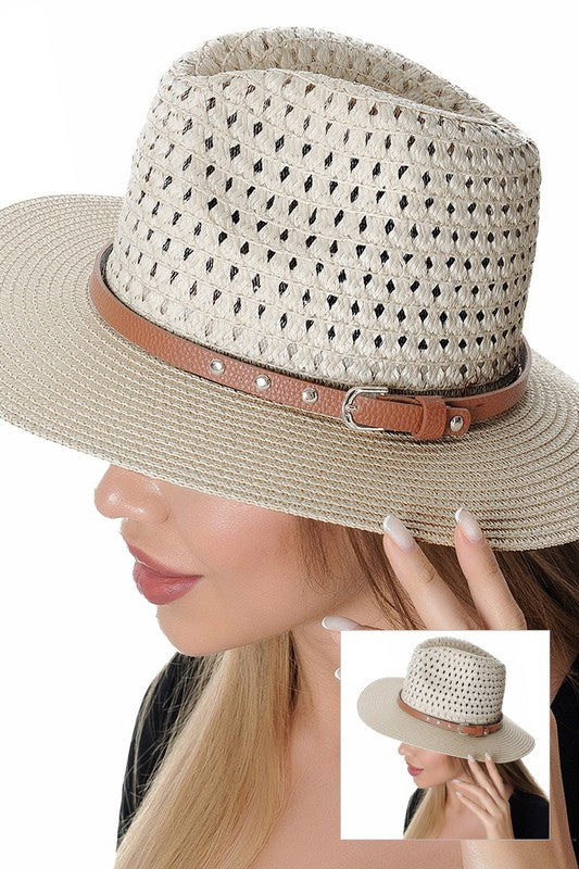 Straw Fedora With Belt Trim Beige