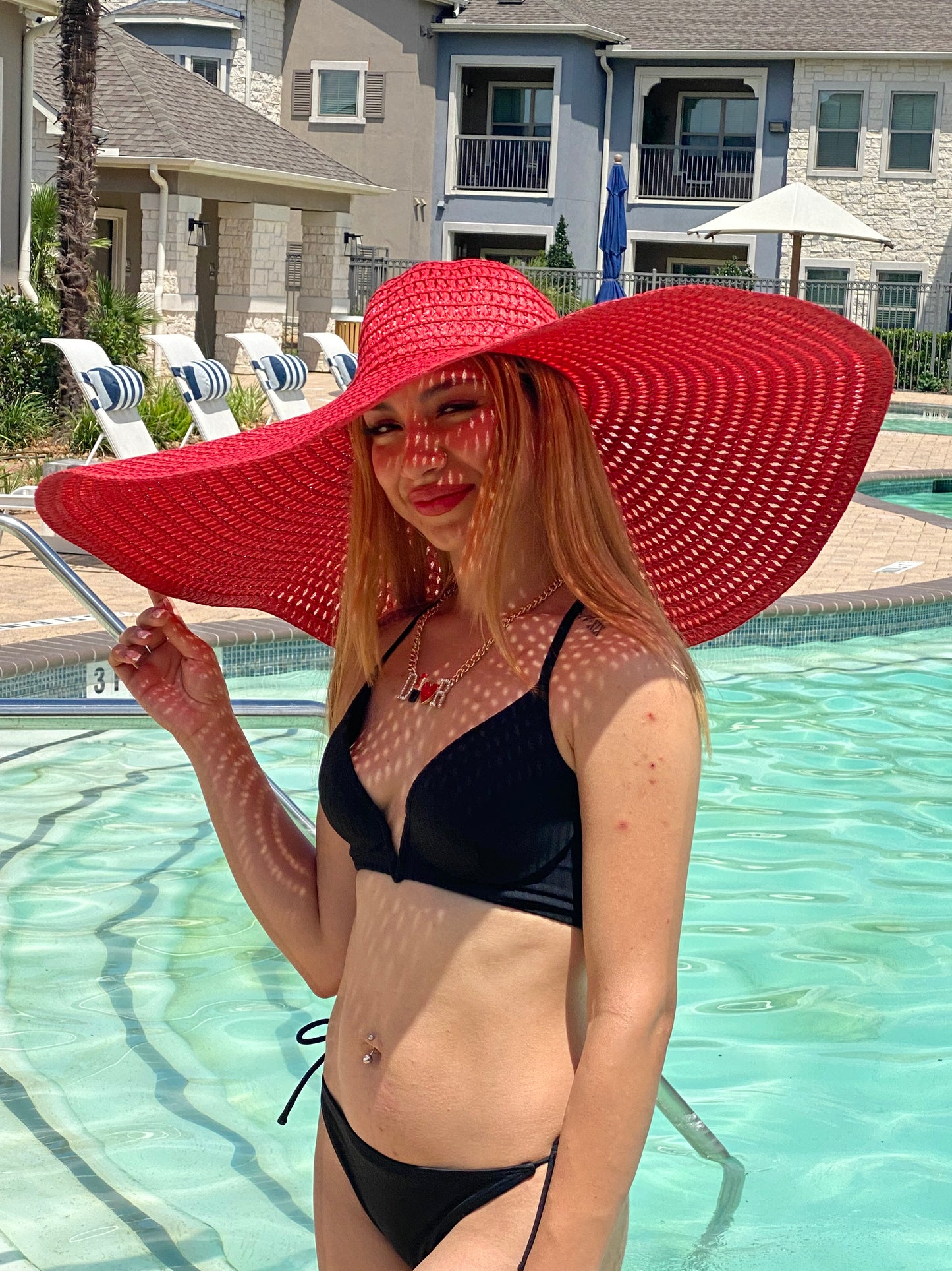 Big Oversized Straw Floppy Sun Hat Red Basket