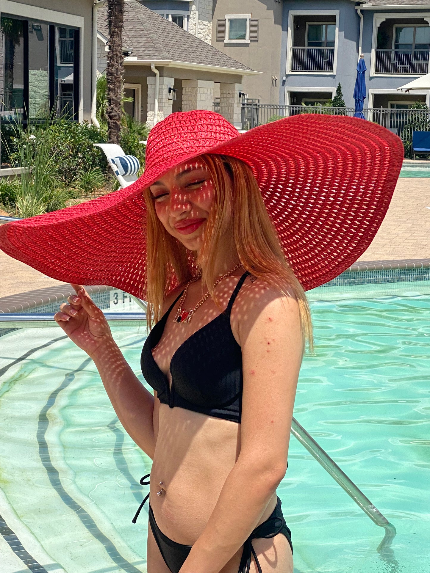 Big Oversized Straw Floppy Sun Hat Red Basket