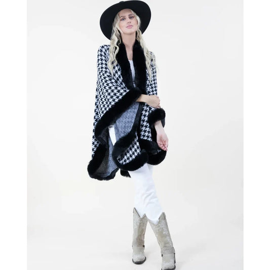 Rich Auntie Houndstooth Faux Poncho Shawl