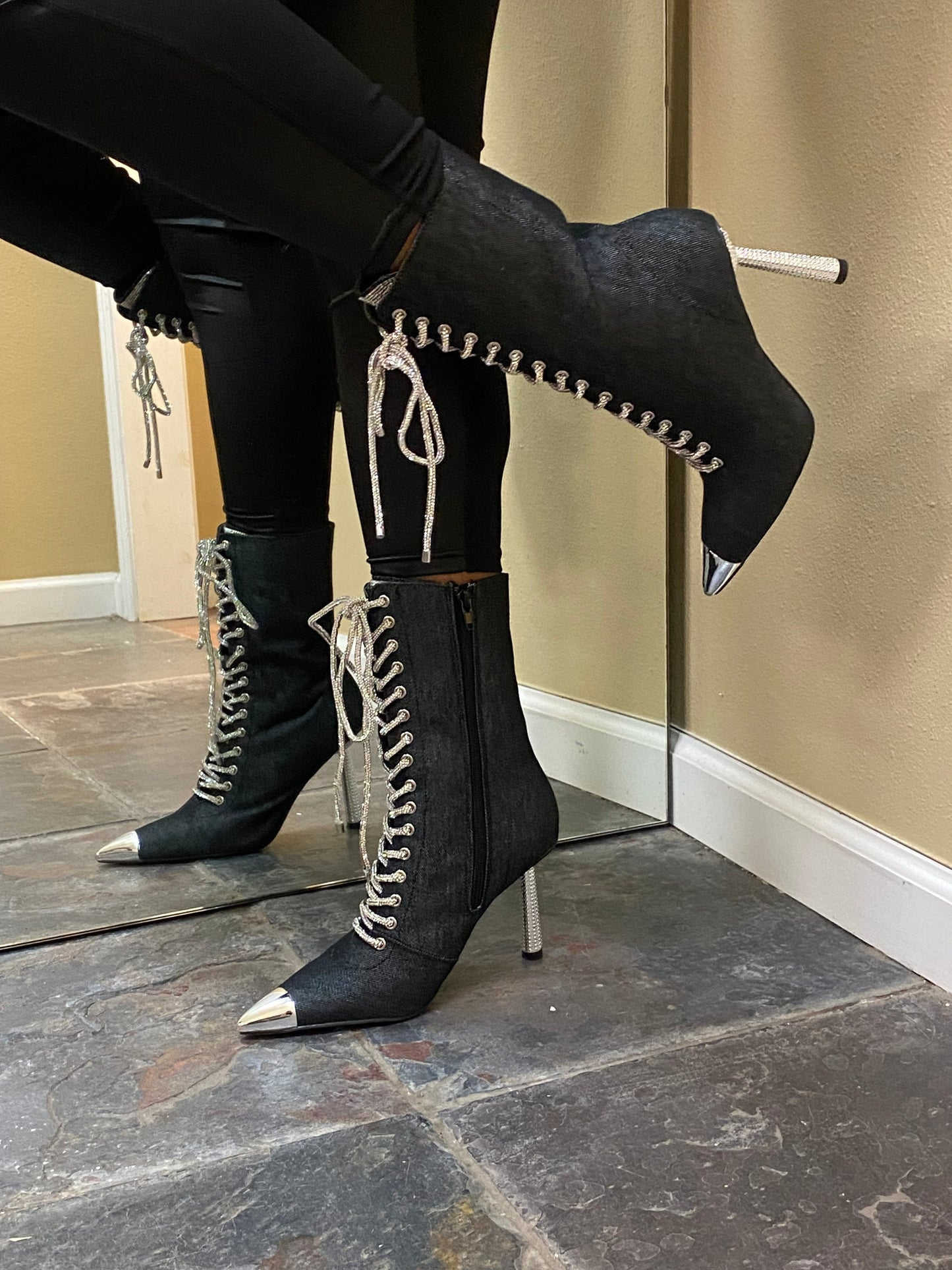 Lala Bling Black Denim Boots