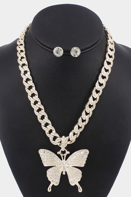 Rhinestone Embellished Butterfly Pendant Necklace