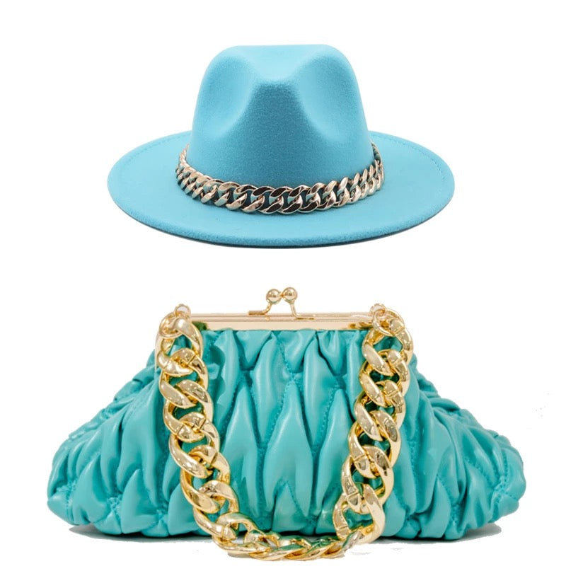 Fedora With Large Chain And Bag Set Teal (Preorder)