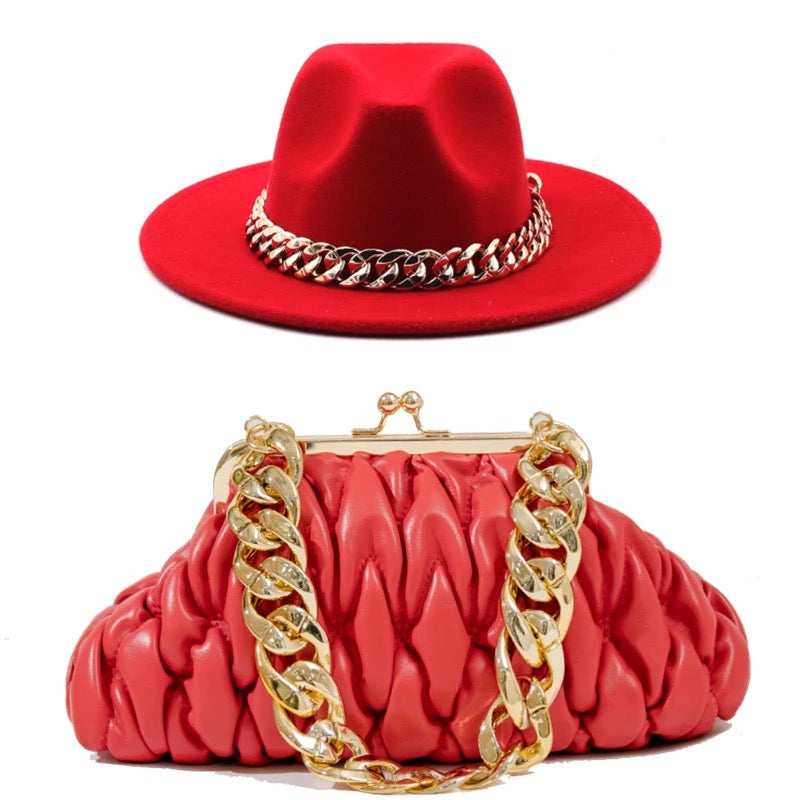 Fedora With Large Chain And Bag Set Red (Preorder)