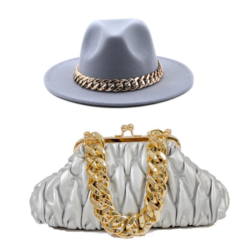 Fedora With Large Chain And Bag Set Grey (Preorder)