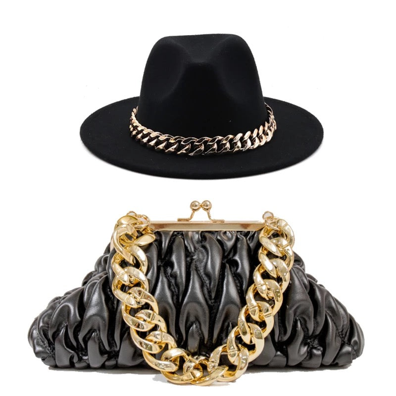 Fedora With Large Chain And Bag Set Black (Preorder)