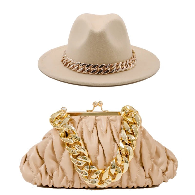 Fedora With Large Chain And Bag Set Beige (Preorder)